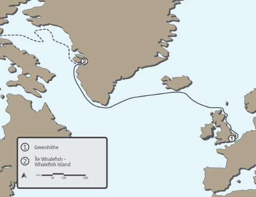 Carte de la route de l’expédition Franklin de l’Angleterre jusqu’au Groenland