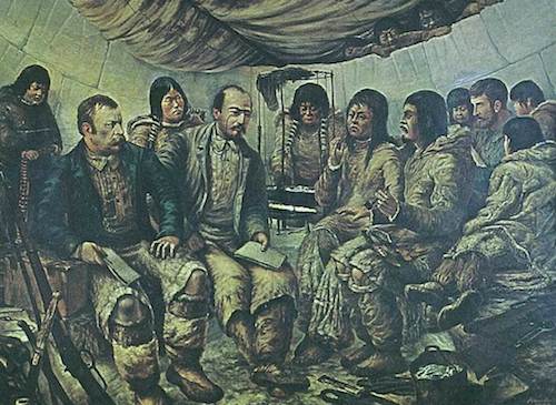 Frederick Schwatka and companions meeting with members of Netsilingmiut in the Arctic, ca. 1880