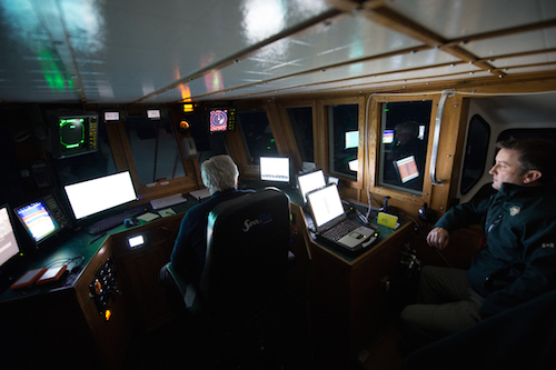Jonathan Moore Operating the Side Scan Sonar and Clyde Bursey at the Helm of "Martin Bergmann" 
