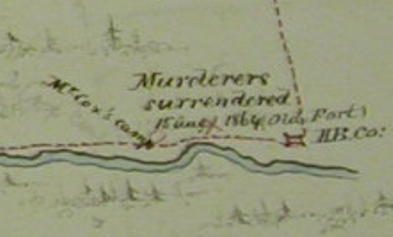[ Murderers Surrender, Detail, Detail from the Alexis Map showing the site of the capture of Klatsassin.	 From map originally drawn by Indians Alexis and Ualas as interpreted by Mr. Ogilvie, Signed W. Cox, Benshee Lake., Alexis and Ualas, Public Record Office, Great Britain MPG 654 1 ]