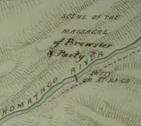 [ Alexis Map, Brewster Massacre, Detail from the Alexis Map showing the site of the attack on the road crew. From map originally drawn by Indians Alexis and Ualas as interpreted by Mr. Ogilvie, signed W. Cox, Benshee Lake, 22 July 1864., Alexis and Ualas, Public Record Office, Great Britain MPG6541 ]