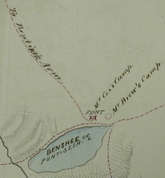[ Alexis Map, Benshee Lake Campsites, Detail from the Alexis Map showing Cox's and Brew's camp at Benshee [Puntzi] Lake. From map originally drawn by Indians Alexis and Ualas as interpreted by Mr. Ogilvie, signed W. Cox, Benshee Lake, 22 July 1864., Alexis and Ualas, Public Record Office, Great Britain MPG6541 ]