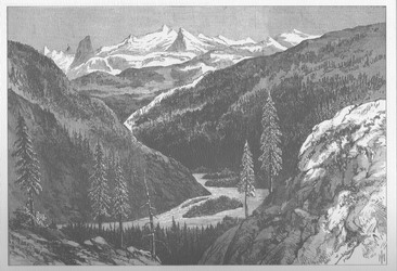 [ Homathco Below the Defile, This view sketched by Frederick Whymper only a few days before the attack shows the Homathco Valley below the canyon. It was engraved and published in 1868 with a caption 