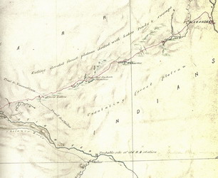 [ Palmer Map, Fort Alexandria Detail, Lt. H.S. Palmer, drawn by J. Turnball, British Columbia Surveyor General's Branch Vault, Roads and Trails Drawer ]